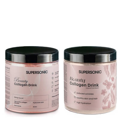 Supersonic Collagen Beauty Drink Dwupak 3 ZESTAW Kolagen - Mango 185 g + Kolagen - Owoce tropikalne 185 g
