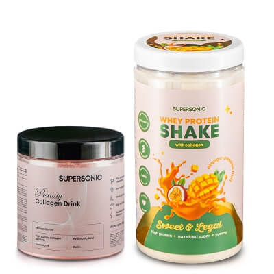 Supersonic Collagen Beauty Drink + Whey Protein Shake with Collagen ZESTAW Kolagen - Mango 185 g + Shake - Mango, marakuja 560 g