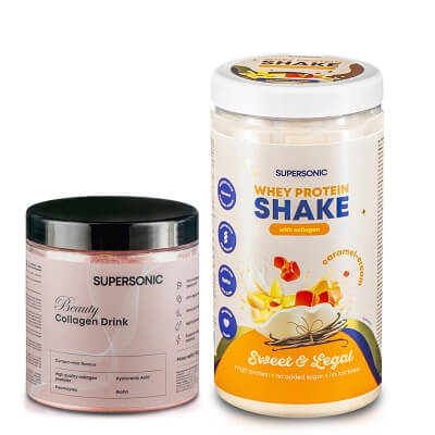 Supersonic Collagen Beauty Drink + Whey Protein Shake with Collagen ZESTAW Kolagen - Porzeczka, mięta 185 g + Shake - Karmel i śmietanka 560 g