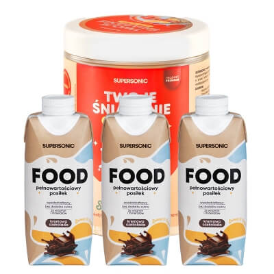 Supersonic Food Ready to Drink x 3 + Wysokobiałkowe Śniadanie z Kolagenem ZESTAW Pełnowartościowy posiłek o smaku kremowej czekolady 330 ml x 3 + Owsianka - banan i truskawka 420 g