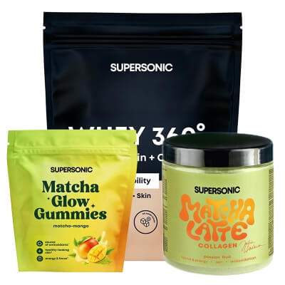 Supersonic Matcha Glow Gummies + WHEY 360° + Matcha Latte Collagen Marakuja ZESTAW Żelki 90 g + Odżywka białkowa - biała czekolada z malinami 500 g + Matcha latte - marakuja 280 g