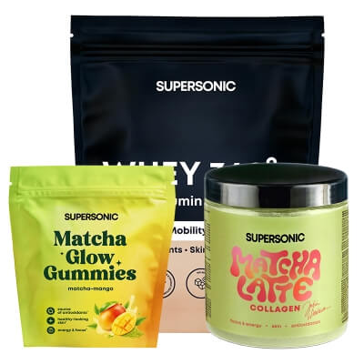 Supersonic Matcha Glow Gummies + WHEY 360° + Matcha Latte Collagen ZESTAW Żelki 90 g + Odżywka białkowa - lody waniliowo-śmietankowe 500 g + Matcha latte 280 g