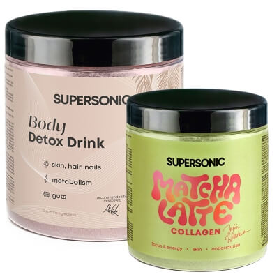 Supersonic Matcha Latte Collagen + Body Detox Drink ZESTAW Matcha latte z kolagenem i mleczkiem kokosowym 280 g + Napój o smaku wiśni 336 g