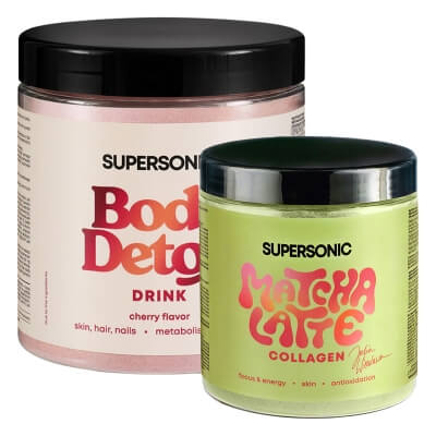 Supersonic Matcha Latte Collagen + Body Detox Drink ZESTAW Matcha latte z kolagenem i mleczkiem kokosowym 280 g + Napój o smaku wiśni 336 g