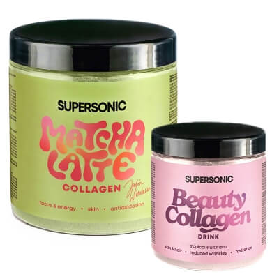 Supersonic Matcha Latte Collagen + Collagen Beauty Drink ZESTAW Matcha latte z kolagenem i mleczkiem kokosowym 280 g + Kolagen - Owoce tropikalne 185 g