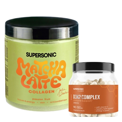 Supersonic Matcha Latte Collagen Marakuja + D3K2 Complex ZESTAW Matcha latte z kolagenem i mleczkiem kokosowym o smaku marakui 280 g + Suplement diety 90 kapsułek