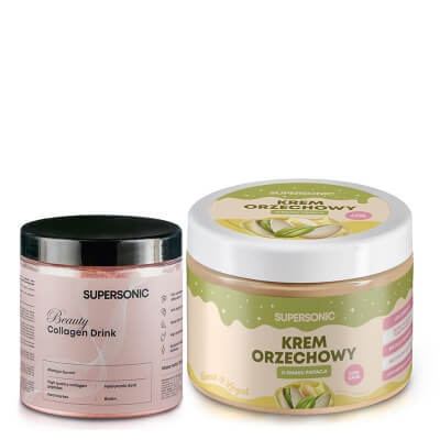 Supersonic Peanut Spread Low Carb + Collagen Beauty Drink ZESTAW Krem orzechowy - Pistacja 250 g + Kolagen - Porzeczka, mięta 185 g