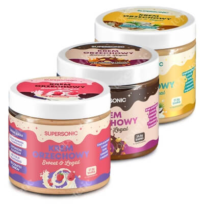 Supersonic Peanut Spread 160 g Mix ZESTAW Biała czekolada z malinami + Czekolada i karmel z kawałkami orzechów + Biała czekolada z owocami tropikalnymi