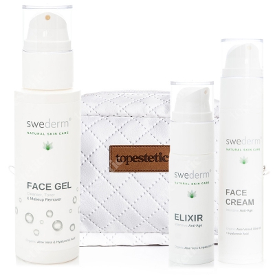 Swederm Pielęgnacja Twarzy ZESTAW Naturalny żel do twarzy 3w1 125 ml + Serum przeciwstarzeniowe i wygładzające 30 ml + Krem przeciwstarzeniowy 50 ml + Kosmetyczka