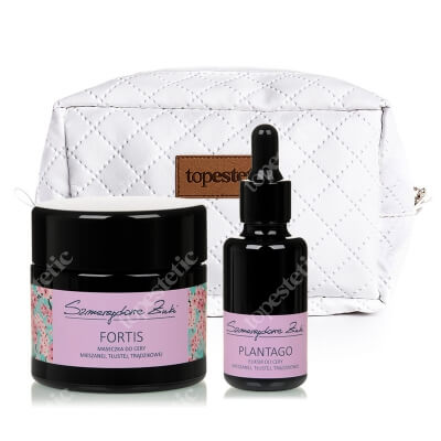 Szmaragdowe Żuki Fortis + Plantago ZESTAW Maseczka do cery mieszanej, tłustej i trądzikowej 100 ml + Eliksir do cery mieszanej, tłustej i trądzikowej 30 ml + Kosmetyczka