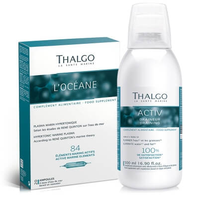 Thalgo L’Oceane + Activ Draining ZESTAW Woda morska do picia – źródło młodości i witalności 20 x 10 ml + Kuracja drenująca 500 ml