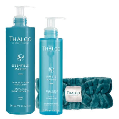 Thalgo Revitalising Skin ZESTAW Żel pod prysznic 400 ml + Żel myjący do twarzy 200 ml + Opaska kosmetyczna 1 szt GRATIS