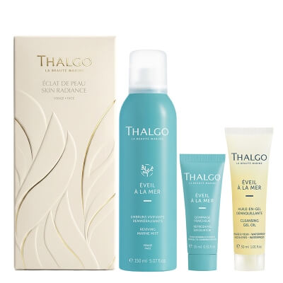 Thalgo Skin Radiance Discovery Face ZESTAW Odświeżający peeling 15 ml + Rewitalizująca mgiełka morska 150 ml + Oczyszczający żelowy olejek do demakijażu 30 ml