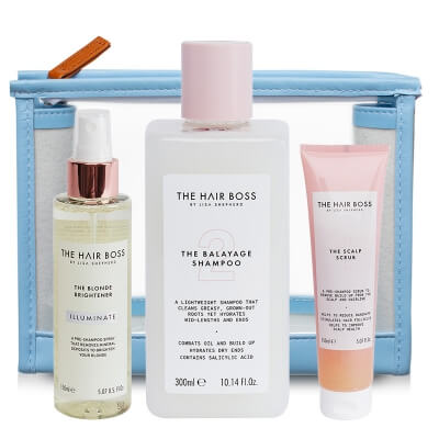The Hair Boss Bestseller Set ZESTAW Rozświetlacz 150 ml + Peeling do skóry głowy 150 ml + Szampon 300 ml + Kosmetyczka 1 szt