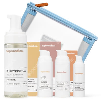 topmedica Codzienna Pielęgnacja ZESTAW Pianka oczyszczająca 150 ml + Serum rewitalizujące 30 ml + Krem regenerujący 50 ml + Ultra lekki fluid SPF50+, 50 ml + Kosmetyczka 1 szt