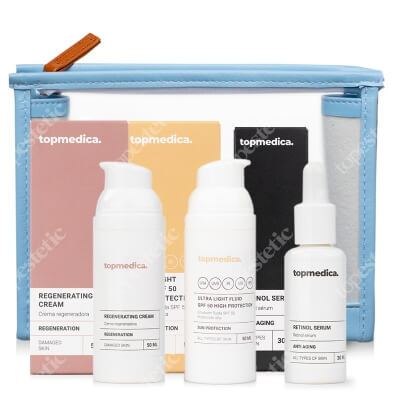 topmedica Pielęgnacja Przeciwstarzeniowa ZESTAW Serum z retinolem 30 ml + Krem regenerujący 50 ml + Ultra lekki fluid 50 ml + Kosmetyczka 1 szt
