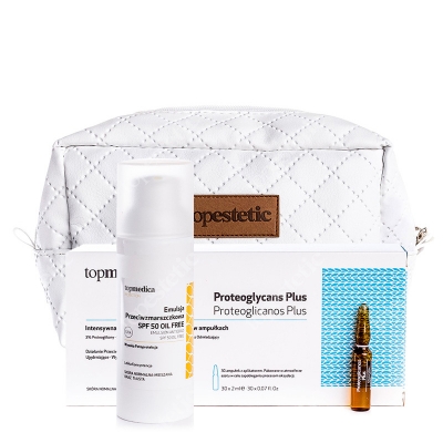topmedica Proteoglycans Plus + Emulsion Antiedad SPF50 Oil Free + Kosmetyczka ZESTAW Proteoglicanos Plus 30 x 2 ml + Emulsja przeciwzmarszczkowa SPF 50 50ml + Biała, pikowana kosmetyczka