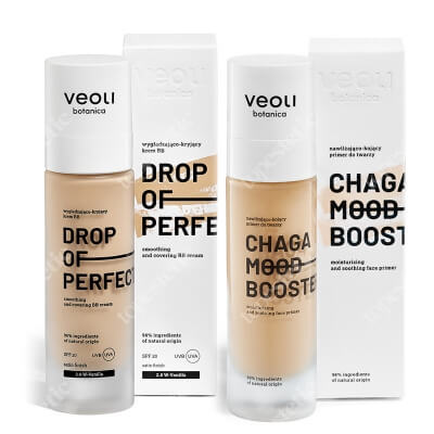 Veoli Botanica Chaga Mood Booster + Drop of Perfection ZESTAW Nawilżająco-kojący primer do twarzy 30 ml + Wygładzająco-kryjący krem BB o lekkiej formule z kwasem hialuronowym (kolor Vanilla 2.0 W)