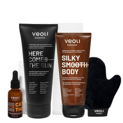Veoli Botanica Come to Sun Set ZESTAW Wygładzająco-brązujący balsam do ciała 200 ml + Brązujące kropelki 30 ml + Maska do ciała w formie peelingu 180 ml + Rękawica 1 szt