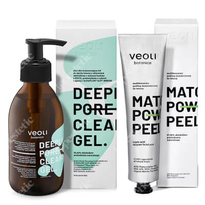 Veoli Botanica Deeply Pore Cleansing Gel + Matcha Power Peel ZESTAW Głęboko oczyszczający żel do mycia twarzy 200 ml + Multikwasowy peeling enzymatyczny 75 ml