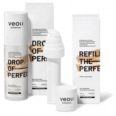 Veoli Botanica Drop of Perfection Golden Beige + Refill ZESTAW Wygładzająco-kryjący krem BB o lekkiej formule z kwasem hialuronowym (kolor GB 3) 30 ml + uzupełnienie 30 ml