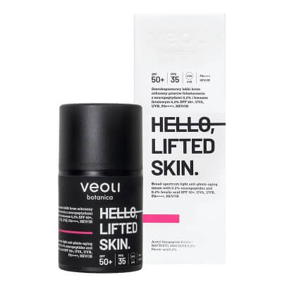 Veoli Botanica Hello, Lifted Skin Szerokopasmowy lekki krem ochronny SPF 50+, UVA, UVB, PA++++, HEV/IR 50 ml