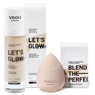 Veoli Botanica Let's Glow + Blend The Perfection ZESTAW Rozświetlająco-nawilżający lekki krem BB (1.0 Kolor Fair) 30 ml + Gąbeczka do makijażu 1 szt