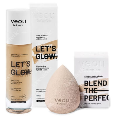 Veoli Botanica Let's Glow + Blend The Perfection ZESTAW Rozświetlająco-nawilżający lekki krem BB (3.0 Kolor Golden Beige) 30 ml + Gąbeczka do makijażu 1 szt