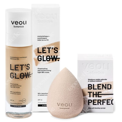 Veoli Botanica Let's Glow + Blend The Perfection ZESTAW Rozświetlająco-nawilżający lekki krem BB (kolor 2.5 Beige) 30 ml + Gąbeczka do makijażu 1 szt