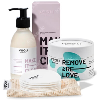 Veoli Botanica Make It Clear + Remove And Relove ZESTAW Mleczna emulsja oczyszczająca do twarzy 200 ml + Wielorazowe bambusowe płatki kosmetyczne 7 szt