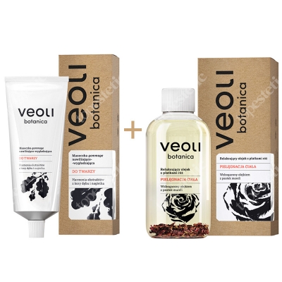 Veoli Botanica Maseczka gommage nawilżająco-wygładzająca do twarzy + Relaksujący olejek do ciała, z płatkami róż ZESTAW Harmonia ekstraktów z kory dębu i nagietka 75 ml + Wzbogacony olejkiem z pestek moreli 150 ml