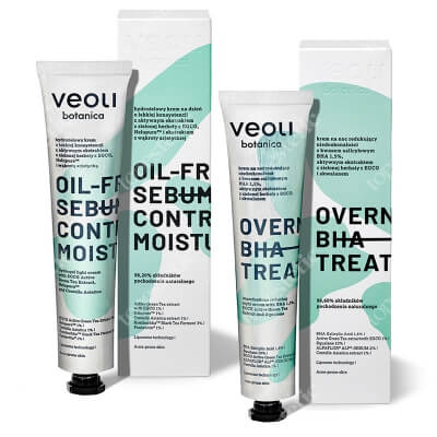 Veoli Botanica Oil-Free Sebum Control Moisturiser + Overnight BHA Treatment ZESTAW Hydrożelowy krem na dzień o lekkiej konsystencji 50 ml + Krem na noc redukujący niedoskonałości z kwasem salicylowym BHA 1,5% 50 ml