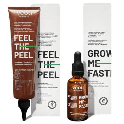 Veoli Botanica Peel and Grow ZESTAW Złuszczająco-nawilżający peeling do skalpu z 3,2% kompleksem kwasów AHA/BHA i 1% sokiem z aloesu 150 ml + Stymulująco - wzmacniająca