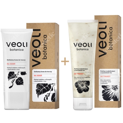 Veoli Botanica Peeling wygładzający z nasionkami lnu do twarzy + Delikatny krem do twarzy na dzień ZESTAW Moc ekstraktów z nagietka, owsa i rumianku 75 ml + Koktajl olejków roślinnych z ekstraktem z lipy 50 ml