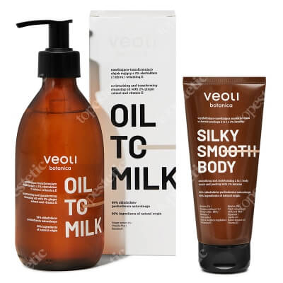 Veoli Botanica Silky Smooth Oil Body Set ZESTAW wygładzająco - nawilżająca maska do ciała w formie peelingu 2w1 180 ml + Nawilżająco - transformujący olejek myjący do ciała 290 ml