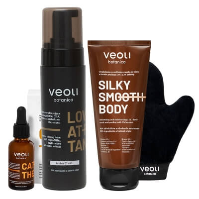 Veoli Botanica Touch of Sun ZESTAW Ekspresowa brązująca pianka 200 ml + Brązujące kropelki 30 ml + Maska do ciała w formie peelingu 180 ml + Rękawica do aplikacji 1 szt