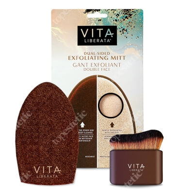 Vita Liberata Peel and App ZESTAW Dwustronna rękawica do aplikacji 1 szt + Dwustronna rękawica peelingująca 1 szt + Pędzel do aplikacji samoopalacza i bronzera 1 szt