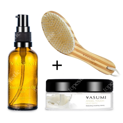 Yasumi Argan Oil + Milky Bath + Bamboo Brush ZESTAW Naturalny olejek arganowy 50 ml + Mleko do kąpieli 200 g + Szczotka bambusowa