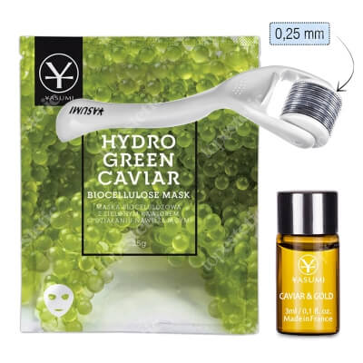 Yasumi Caviar Set + Roller ZESTAW Ampułka Caviar &amp; Gold 3 ml + Nawilżająca maska biocelulozowa 25 g + Roller do twarzy 0,25 mm
