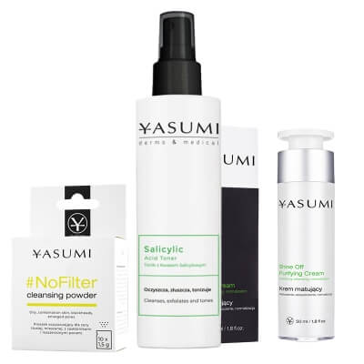 Yasumi Cleansing and Mattifying Set ZESTAW Puder do demakijażu 10 x 1,5 g + Tonik z kwasem salicylowym 200 ml + Matujący krem 50 ml