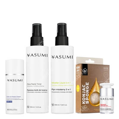 Yasumi Codzienna Pielęgnacja Przeciwzmarszczkowa ZESTAW Serum redukujące zmarszczki mimiczne 15 ml + Płyn micelarny 3 w 1 200 ml + Ryżowy tonik do twarzy 200 ml + Krem SPF30 100 ml + Gąbka 1 szt
