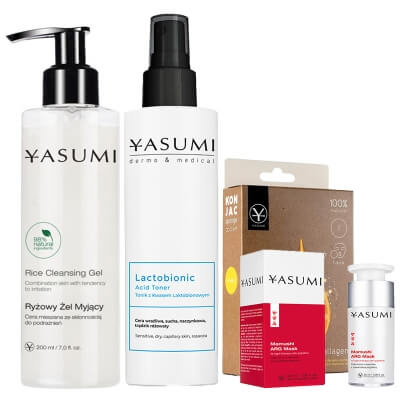 Yasumi Collagen Konjac Sponge S + Rice Cleansing Gel + Lactobionic Acid Toner + Mamushi ARG Mask ZESTAW Gąbka z kolagenem 1 szt + Żel do mycia twarzy 200 ml + Tonik 200 ml + Maska na noc 30 ml