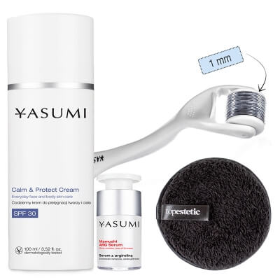 Yasumi Derma Roller + Mamushi ARG Serum + Calm And Protect Cream SPF 30 + Gąbka Topestetic ZESTAW Roller o dł. 1 mm + Serum 15 ml + Krem SPF 30 100 ml + Gąbka 1 szt
