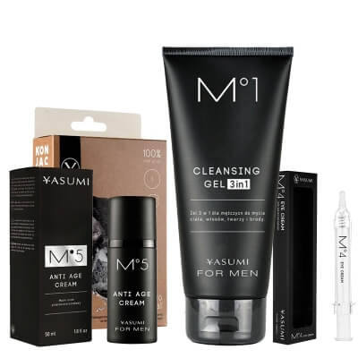 Yasumi Men's Care Super Set ZESTAW Gąbka z aktywnym węglem 1 szt + Żel oczyszczający 200 ml + Krem pod oczy 10 ml + Krem do twarzy 50 ml