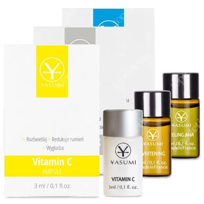 Yasumi Peeling AHA + Vitamin C + Whitening ZESTAW Ampułka z kwasem glikolowym 3 ml + Ampułka z witaminą C 3 ml + Ampułka na przebarwienia 3 ml