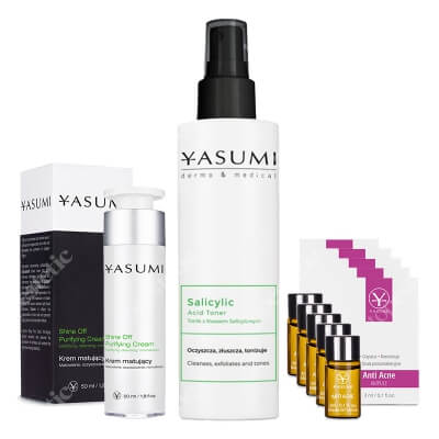 Yasumi Pielęgnacja Przeciwtrądzikowa ZESTAW Tonik z kwasem salicylowym 200 ml + Ampułka przeciwtrądzikowa 3 ml x 5 + Matujący krem na trądzik 50 ml