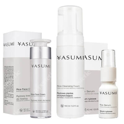 Yasumi Rice Care ZESTAW Pianka myjąca z proteinami ryżu 150 ml + Serum ryżowe 15 ml + Ryżowy krem do twarzy 50 ml