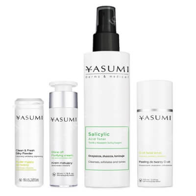 Yasumi Shine Off Set ZESTAW Drobnoziarnisty peeling 100 ml + Oczyszczający proszek 50 ml + Tonik z kwasem salicylowym 200 ml + Matujący krem 50 ml