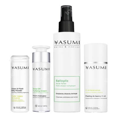 Yasumi Shine Off Set ZESTAW Drobnoziarnisty peeling 100 ml + Oczyszczający proszek 50 ml + Tonik z kwasem salicylowym 200 ml + Matujący krem 50 ml