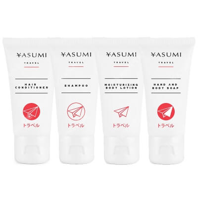 Yasumi Travel Set ZESTAW Podróżna odżywka do włosów 30 ml + Podróżne mydło do ciała i rąk 30 ml + Podróżny balsam do ciała 30 ml + Podróżny szampon 30 ml